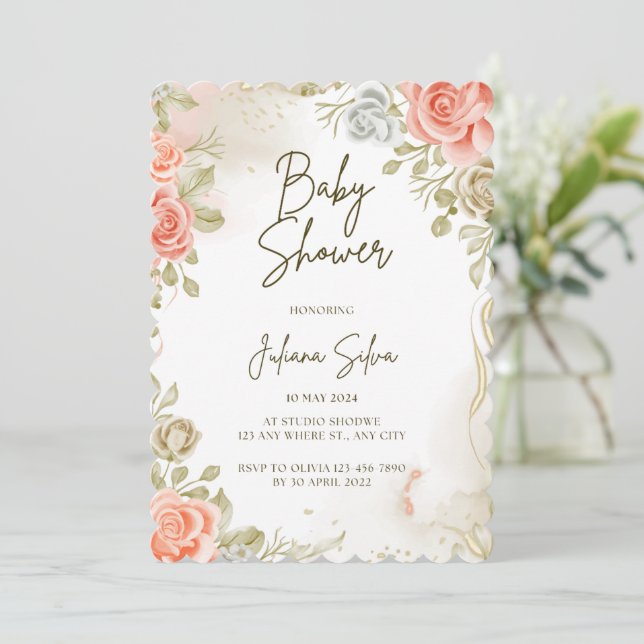 Inbjudan till Blommigten Beige Baby Shower (Stående Fram)