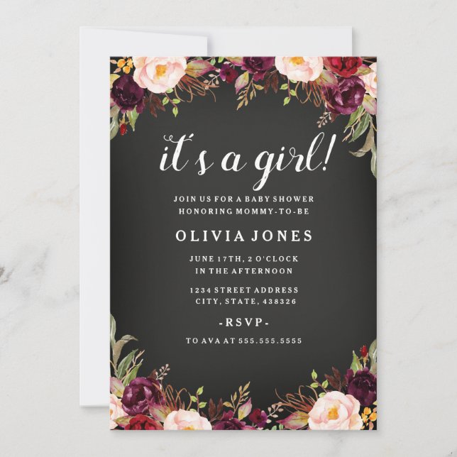 Inbjudan till Blommigten Burgundy Baby Shower för  (Framsida)