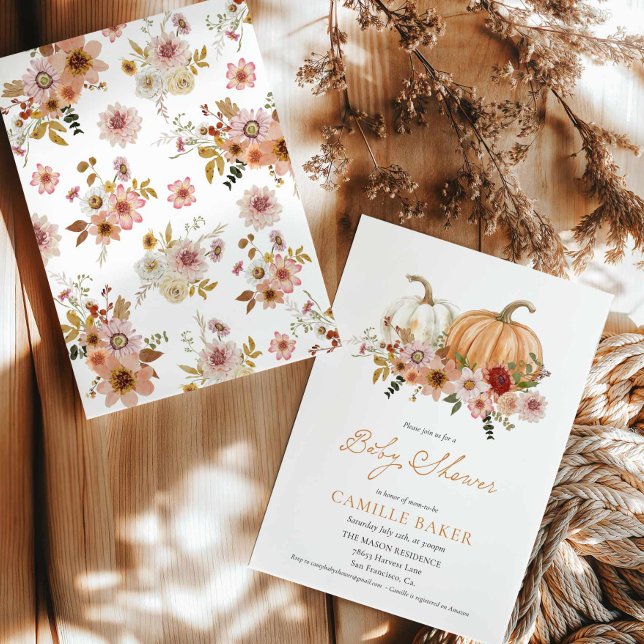 Inbjudan till Blommigten för babybabykläder för ku (Autumn Pumpkin Floral Girl Baby Shower Invitation)