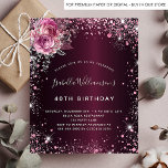 Inbjudan till blommigten glitter på budgetfödelsed<br><div class="desc">För en elegant 40:e (eller någon ålder) födelsedagsfest. En burgundisk faux metallisk tittar bakgrund färg. Dekoreras med damm och blommigtar från rosa faux glitter. Anpassa och lägg till information om namn,  ålder och party. Namn är skrivet med ett handskript i stil</div>
