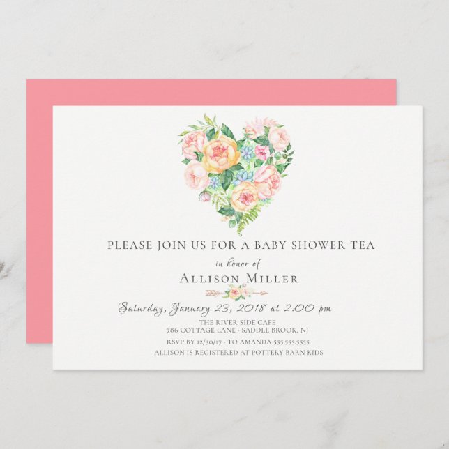 Inbjudan till Blommigten Heart Baby Shower (Fram/baksida)