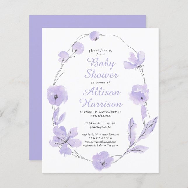 Inbjudan till Blommigten Lavender Baby Shower (Fram/baksida)