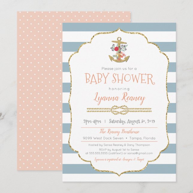 Inbjudan till Blommigten Nautical Baby Shower Anch (Fram/baksida)