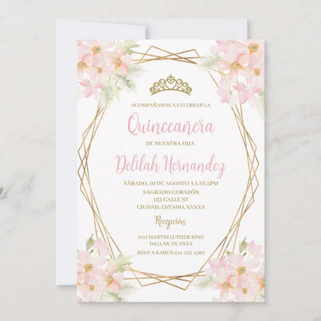 Inbjudan till blommigten quinceañera för  rosa (Framsida)