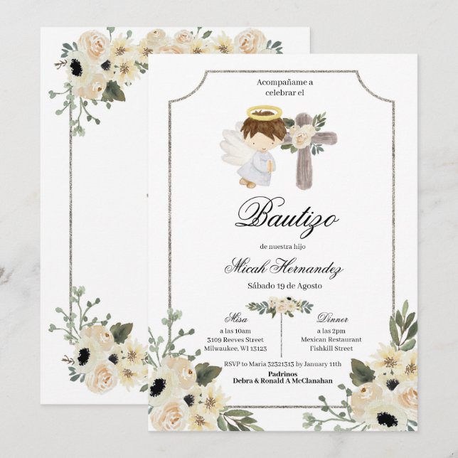 Inbjudan till Blommigten silver Kor Mi Bautizo (Fram/baksida)