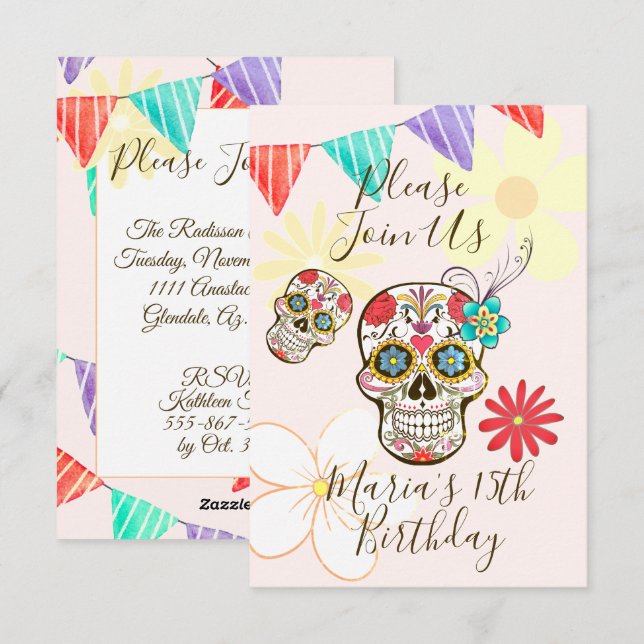 Inbjudan till Blommigten Sugar Skull Soft Peach Ro (Fram/baksida)