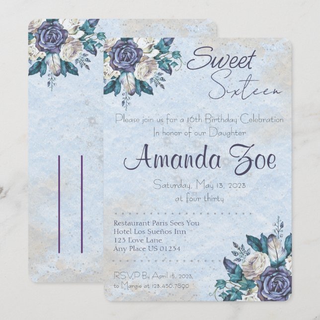 Inbjudan till Blommigten Sweet sixteen Dusty Blue (Fram/baksida)