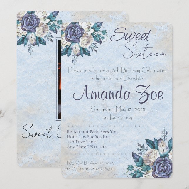 Inbjudan till Blommigten Sweet sixteen Dusty Blue (Fram/baksida)