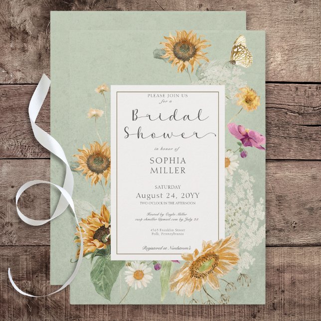Inbjudan till Blommigten vintage sommarsolrossolro (Vintage Summer Sunflower Green Bridal Shower Invitation)