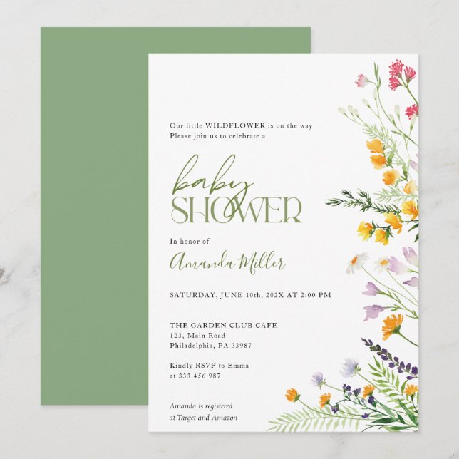 Inbjudan till blommigten Wildblommor Baby Shower (Fram/baksida)