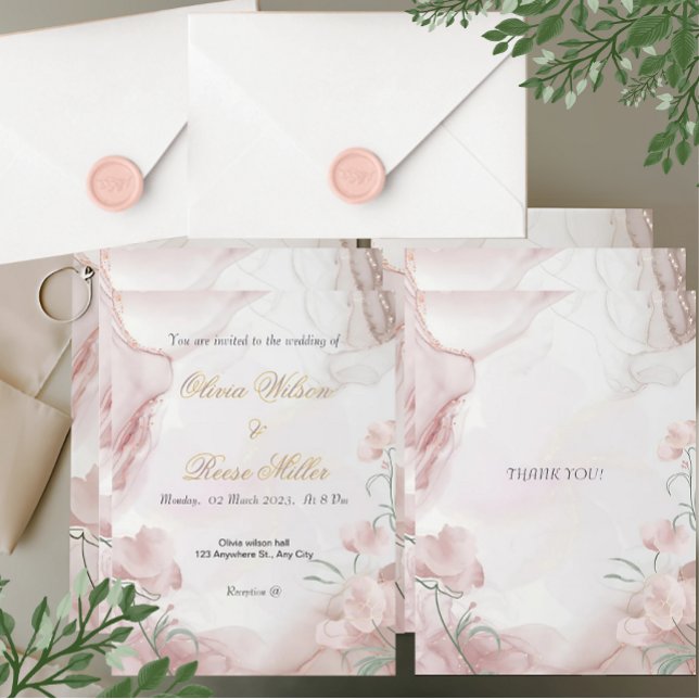 Inbjudan till blommigtens bröllop (Elegant blush floral wedding invitation with watercolor design and gold accents for your special day)