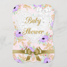 Inbjudan till blommigtens Lila och Guld Baby Showe