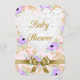 Inbjudan till blommigtens Lila och Guld Baby Showe