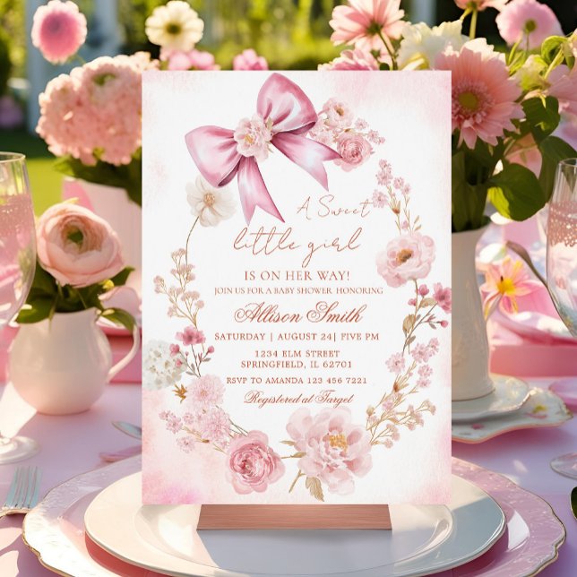 Inbjudan till blommigtens  Rosa Bow Baby Shower (Skapare uppladdad)