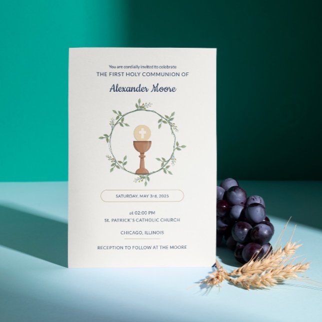 Inbjudan till blommigtens utandning - Anpassningsb (Horizontal First Communion card invitation with Floral Wreath)