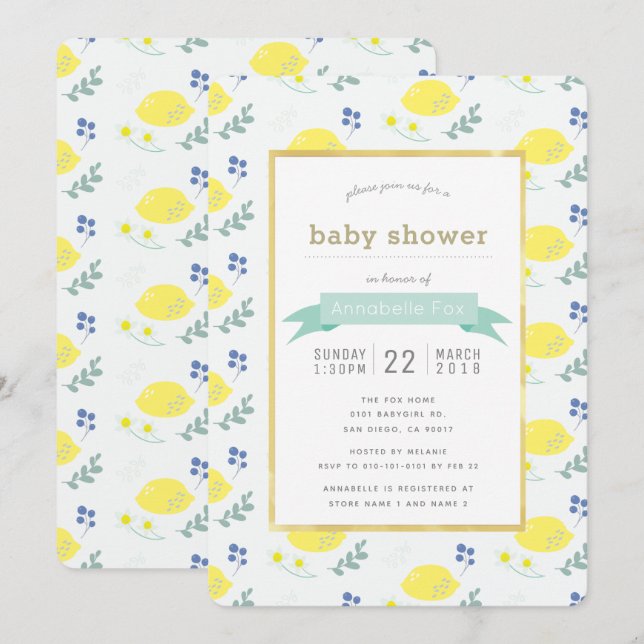 Inbjudan till Blommönstret Baby Shower för vitt le (Fram/baksida)