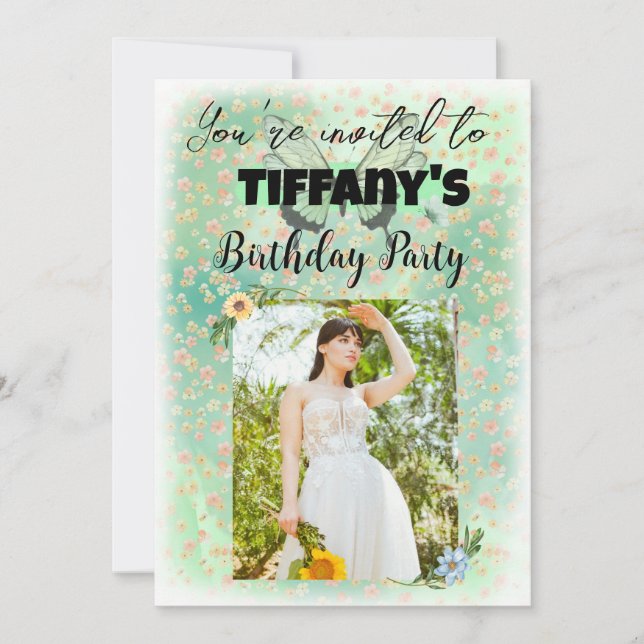 Inbjudan till blomning och fjäril-födelsedag (Framsida)