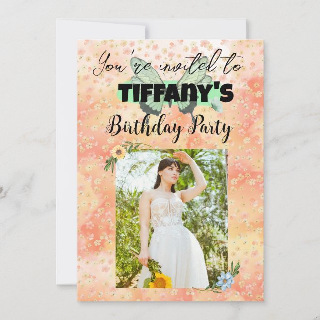 Inbjudan till blomning och fjäril-födelsedag (Framsida)