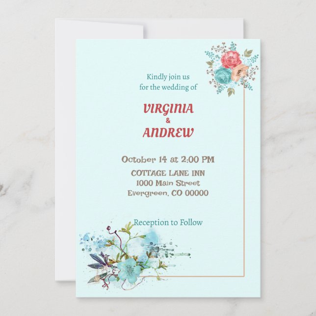 Inbjudan till blomsterbröllop i elegant färg i vat (Framsida)