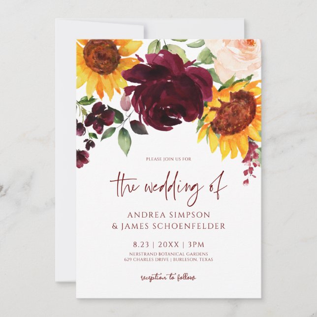 Inbjudan till blomsterbröllopsblommor, burgundy Ro (Framsida)