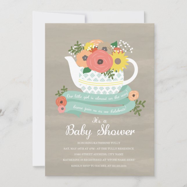 Inbjudan till blomsterträdgårdens Tekanna för baby (Framsida)