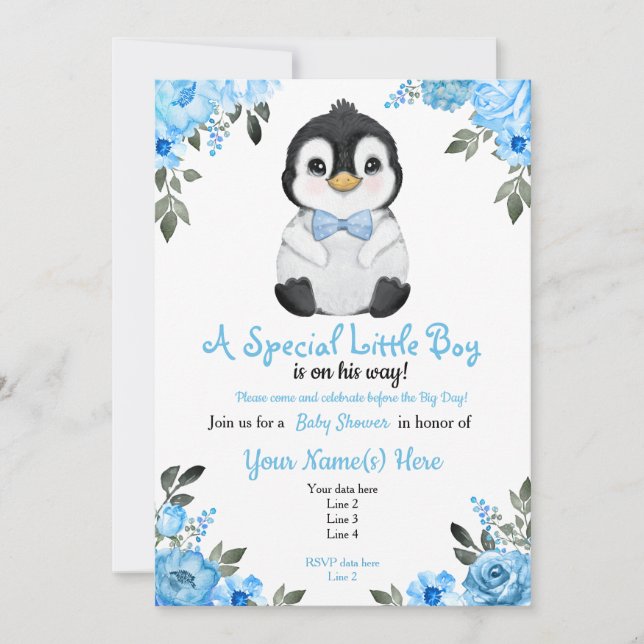 Inbjudan till Blue Baby Penguin Shower (Framsida)