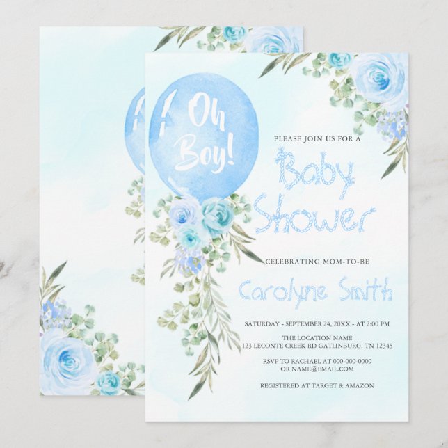 Inbjudan till Blue Balloon Baby Shower (Fram/baksida)