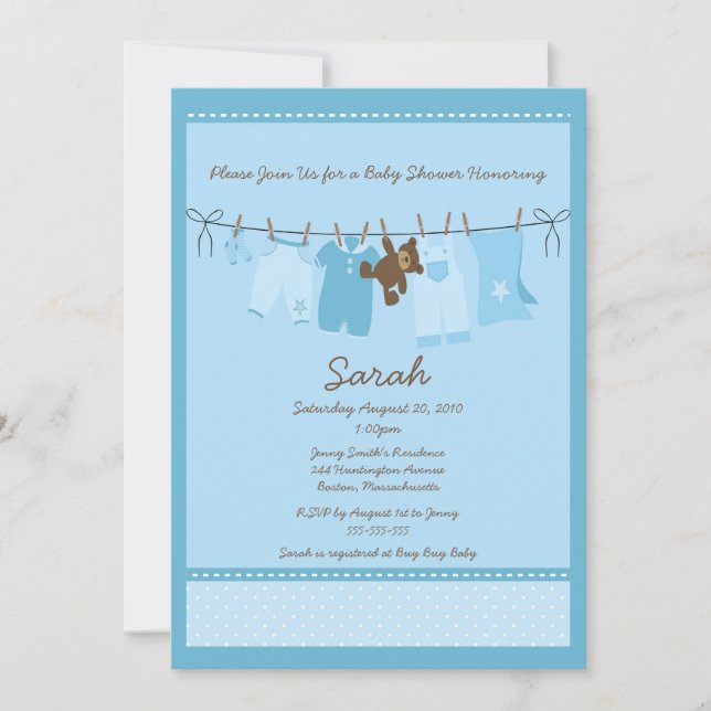 Inbjudan till Blue Clothesline Baby Shower (Framsida)