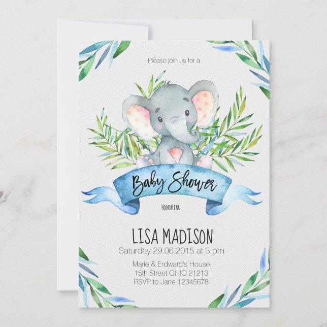 Inbjudan till Blue Eephant Baby Shower (Framsida)