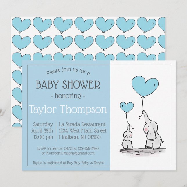 Inbjudan till Blue Elephant Baby Shower (Fram/baksida)