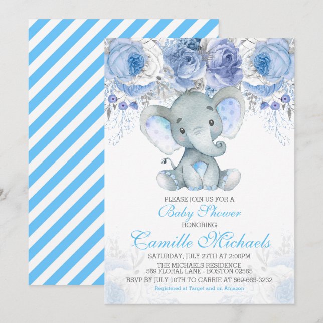 Inbjudan till Blue Elephant Baby Shower (Fram/baksida)