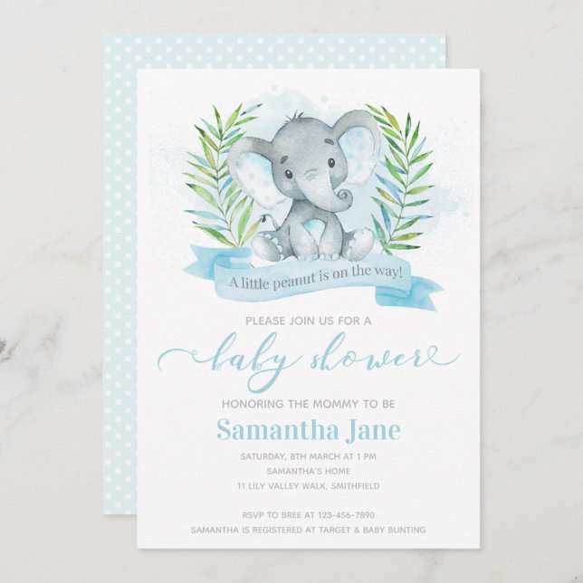 Inbjudan till Blue Elephant Baby Shower (Fram/baksida)