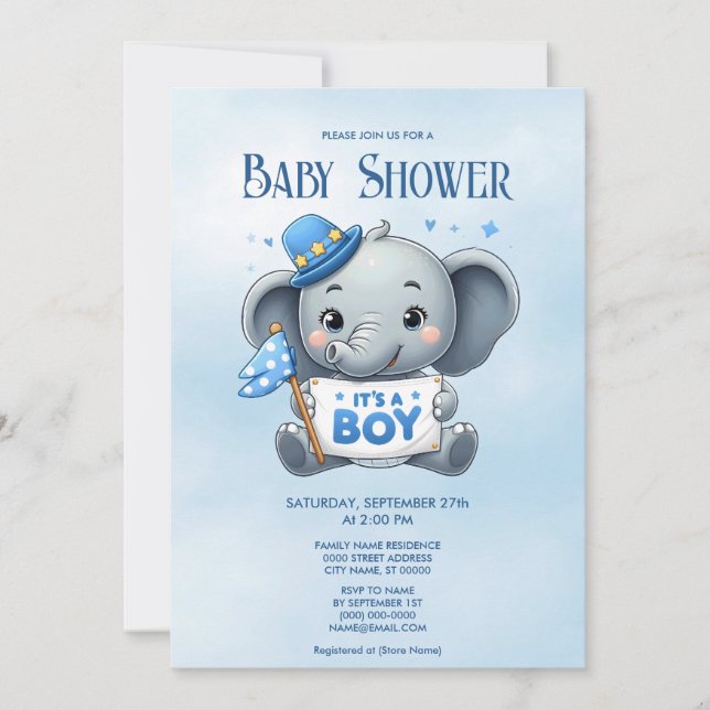 Inbjudan till Blue Elephant Baby Shower (Framsida)