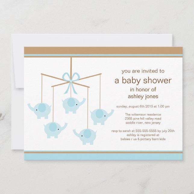 Inbjudan till Blue Elephant Mobile Boy Baby Shower (Framsida)