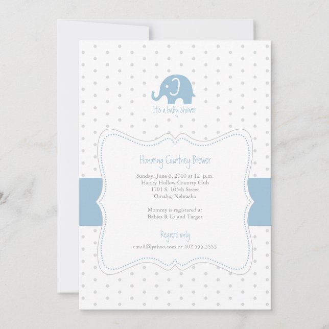 Inbjudan till Blue Elephant Polkadot Baby Shower (Framsida)