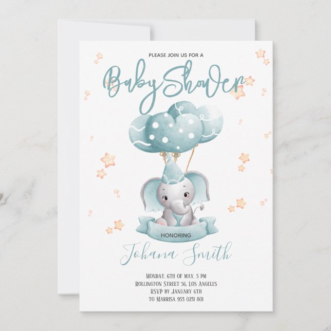 Inbjudan till Blue Elephant Watercolor Baby Shower (Framsida)