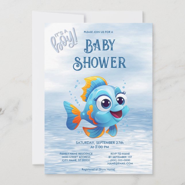 Inbjudan till Blue Fish Baby Shower (Framsida)