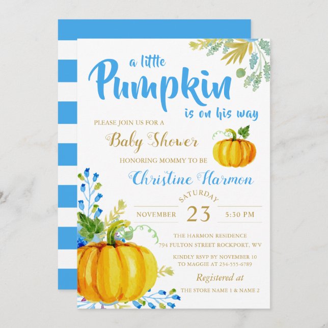 Inbjudan till Blue Garden Baby Shower Little Pumpk (Fram/baksida)