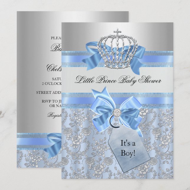 Inbjudan till Blue Little Prince Krona Baby Shower (Fram/baksida)