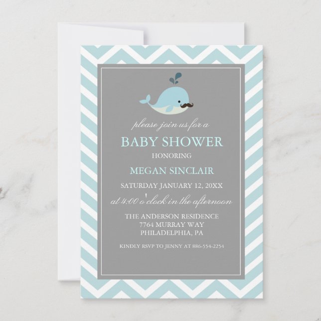Inbjudan till Blue Mustache Whale Boy Baby Shower (Framsida)
