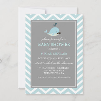 Inbjudan till Blue Mustache Whale Boy Baby Shower
