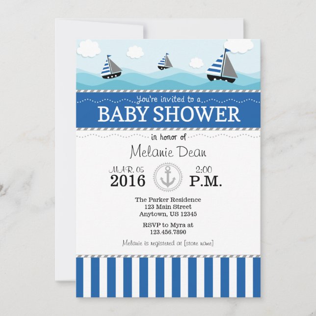 Inbjudan till Blue Nautical Baby Shower (Framsida)