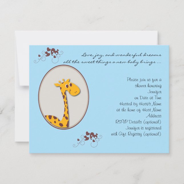 Inbjudan till Blue och Brown Giraffe Baby Shower (Framsida)