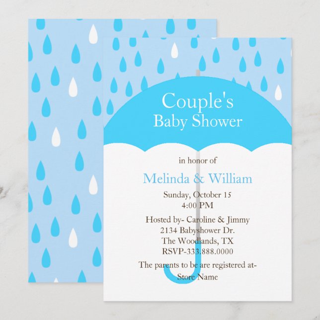 Inbjudan till Blue Parbrella Baby Shower (Fram/baksida)