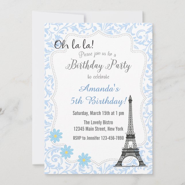 Inbjudan till Blue Paris Romantic Birthday (Framsida)