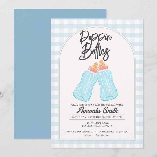 Inbjudan till Blue Poppin Flaskor Baby Shower (Fram/baksida)