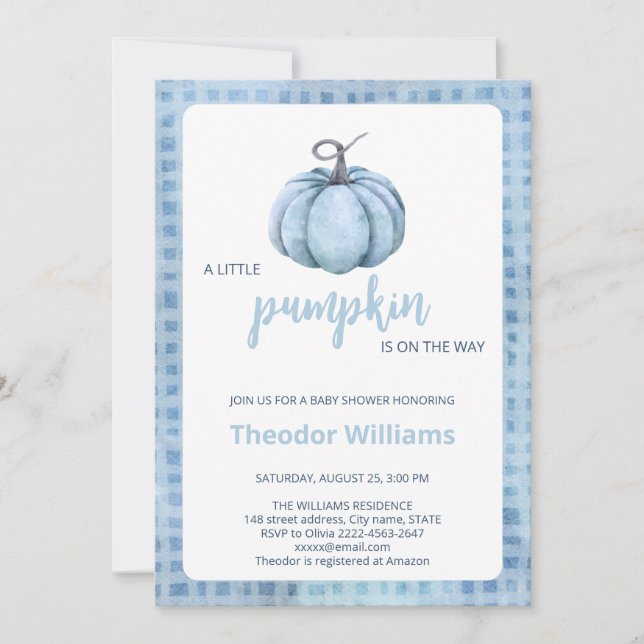 Inbjudan till Blue Pumpkin Baby Shower | Falltema (Framsida)