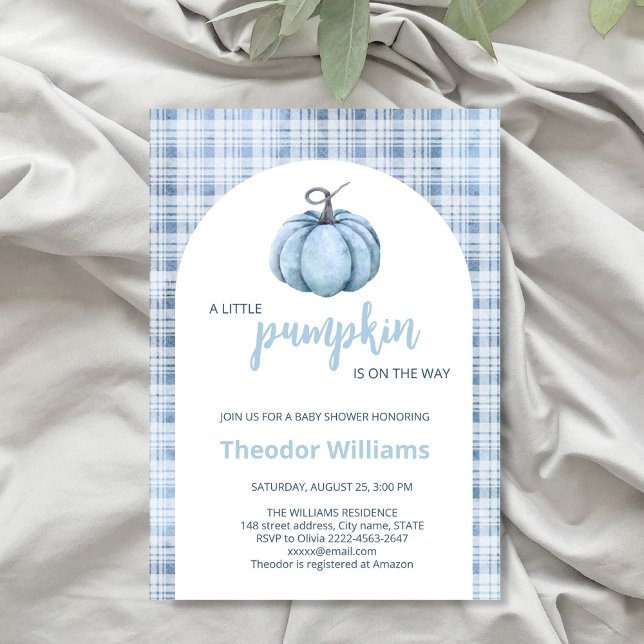 Inbjudan till Blue Pumpkin Baby Shower | Falltema (Little pumpkin minimalistic autumn fall baby shower invitation )