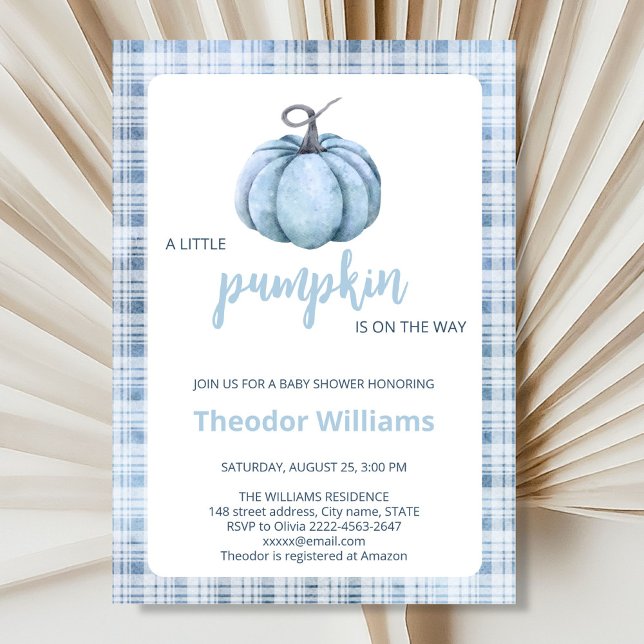 Inbjudan till Blue Pumpkin Baby Shower | Falltema (Little pumpkin minimalistic autumn fall blue boy baby shower invitation )