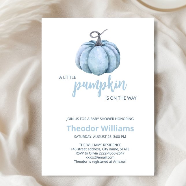 Inbjudan till Blue Pumpkin Baby Shower | Falltema (Little pumpkin minimalistic autumn fall baby shower invitation boy)